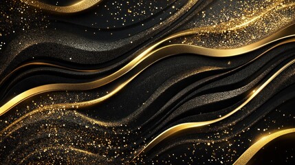 Abstract black and gold wavy background with glitter
