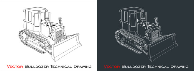 Vector bulldozer side view line blueprint wireframe technical drawing