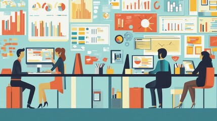 Office research and analysis vector illustration, showing a team of professionals working on projects