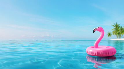 Pink Flamingo Float in Tropical Paradise: A vibrant pink inflatable flamingo float bobs gently in the turquoise waters of a tropical paradise, with palm trees swaying in the background.