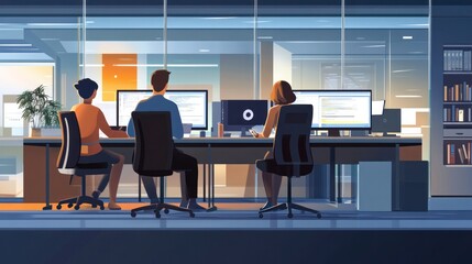 Office staff using computers, vector illustration highlighting digital collaboration in a sleek workspace