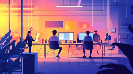 Office staff using computers, vector illustration highlighting digital collaboration in a sleek workspace