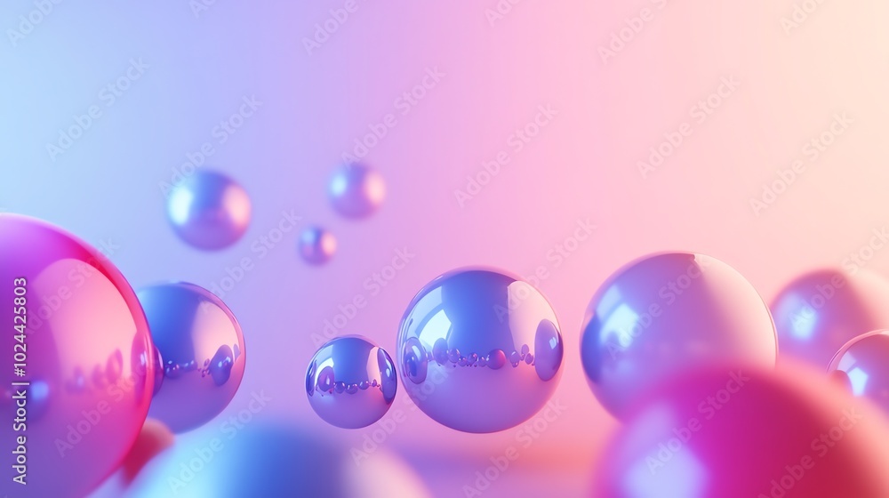 Poster abstract background with iridescent spheres floating in a pink and blue gradient.