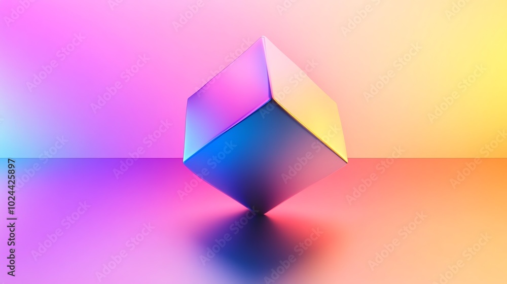 Poster a iridescent cube on a colorful gradient background.