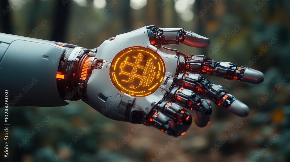 Poster a robotic hand with glowing circuitry extends into a forest.