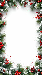 A white background is framed by lush green pine branches adorned with red berries and a dusting of snow. Scattered red berries add a festive touch.