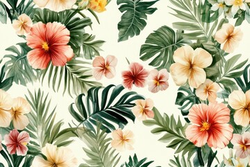 Tropical hibiscus palm leaves pattern