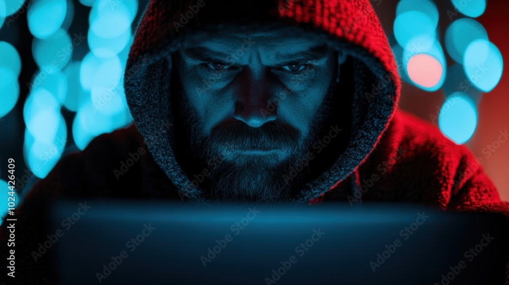 Poster a hooded man with intense focus works on a laptop in a dark environment, creating a mysterious, poss