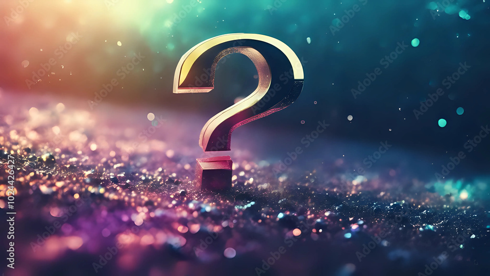 Wall mural bright 3d rendering of colorful question mark glowing on dark background with subtle backlight. gene