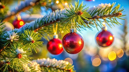 Low angle view of Christmas decorations on pine tree branch
