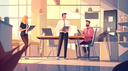 Office workers vector illustration, with characters focused on tasks and working together in a dynamic business environment