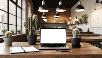 Mockup of laptop computer with empty screen with coffee cup on table of the coffee shop background, White screen
