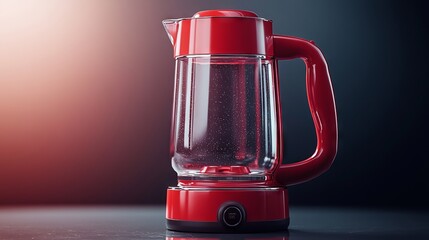 Red electric kettle with water inside placed on a reflective surface under soft lighting