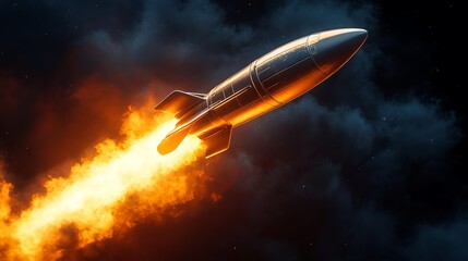 A rocket taking off into space with a trail of fire.