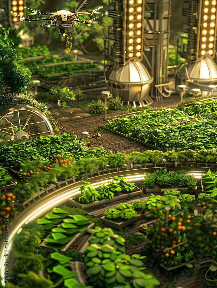 Poster Drones and robots work together, utilizing AI to monitor and optimize crop health and farming practices in a vibrant farm. Generative AI