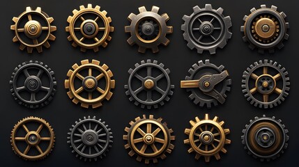 Fototapeta premium A Collection of Golden and Silver Cogs Arranged on a Black Background