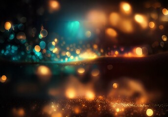 A dark background with an out-of-focus display of warm, golden lights, and a few cool, turquoise lights.