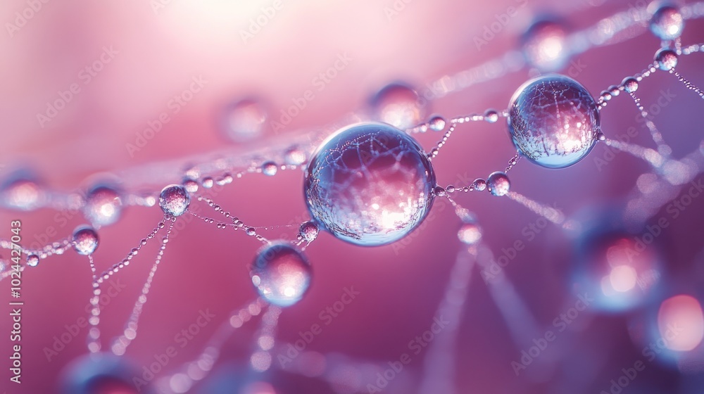 Poster dewdrops on a spider web, creating a delicate and intricate pattern, with soft pink and purple hues 