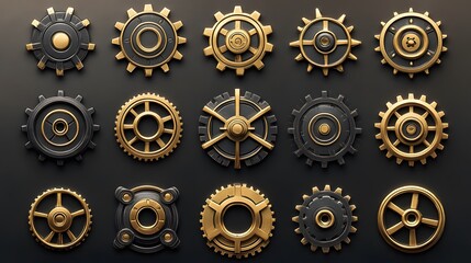 Fototapeta premium Collection of Black and Gold Gear-Like Wheels