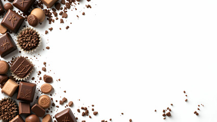 Fototapeta premium A collection of chocolates and chocolate crumbs are arranged in a curved shape against a white background, leaving a blank space for text or design.