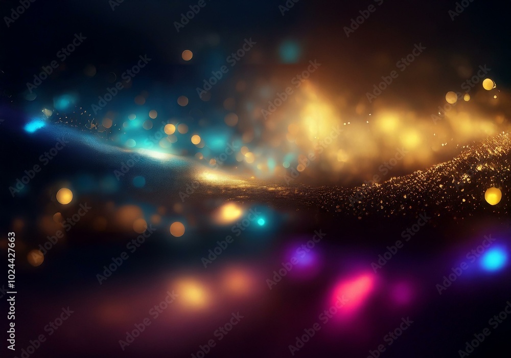 Wall mural a dark background with a subtle wave of glowing particles and a scattering of blurred lights in vari