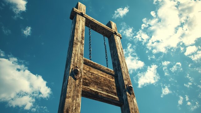 Wooden gallows against a blue sky with scattered clouds on a sunny day