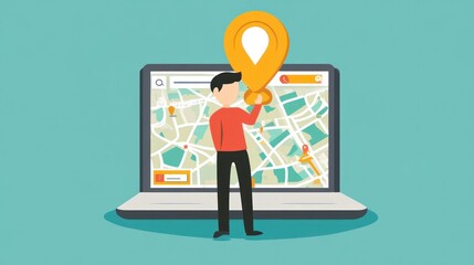 SEO consultant managing Google My Business, vector illustration focusing on improving local search presence