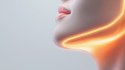 Obraz premium A glowing contour map of a womans face with lifting lines showing the tightened and enhanced areas of the cheeks and jawline after a procedure.