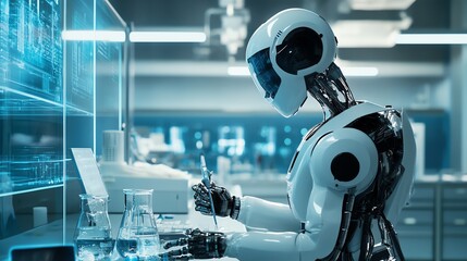 A humanoid robot is working in a laboratory, using a pipette to conduct an experiment.