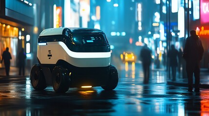 Obraz premium A self-driving delivery vehicle on a city street at night.