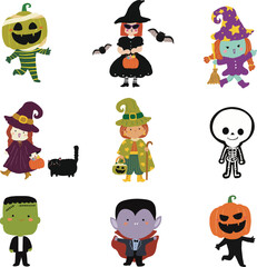 Set of Halloween party characters. Frankenstein, vampire, pumpkins, witch, skeleton, ghost, jack o lantern for children in different costumes on a white background . Cartoon, flat, vector