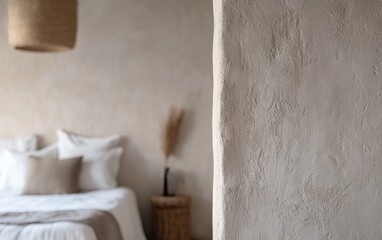 Close-up of the texture of the stucco wall, with a focus on the subtle patterns and colors. In the background