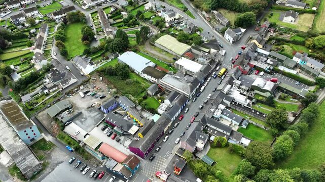 Ireland Epic Locations Kilmacthomas Village Co. Waterford drone landscape view of the village in the middle of The Waterford Greenway cycling and walking route on old Waterford Dungarvan railway line
