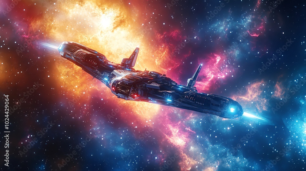 Poster a futuristic spaceship flying through space with a colorful nebula in the background.