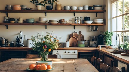 A cozy kitchen with a wooden dining table, open shelves, and colorful ceramic dishes on display