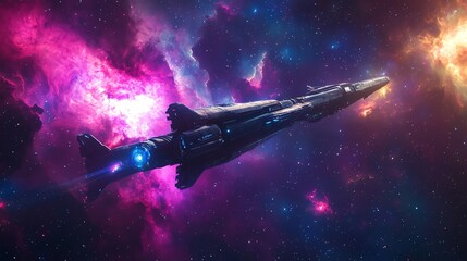 Obraz premium A futuristic spaceship travels through a vibrant nebula, its engine glowing brightly.