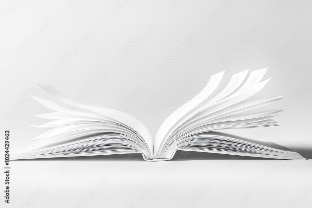 Poster a minimalistic open book lying flat on a clean white surface, showing several blank pages