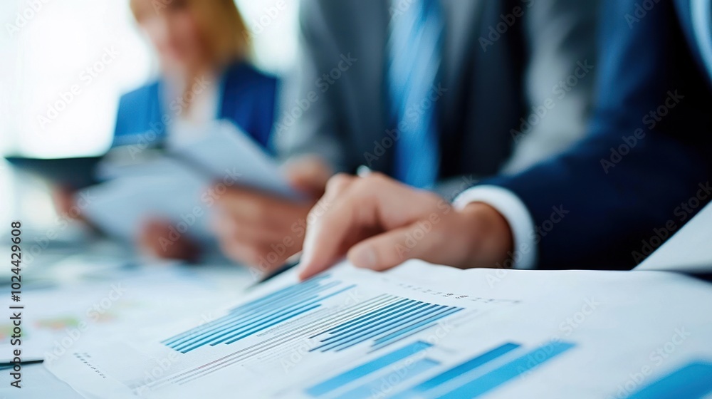 Poster a business meeting with charts and graphs for analysis and discussion.