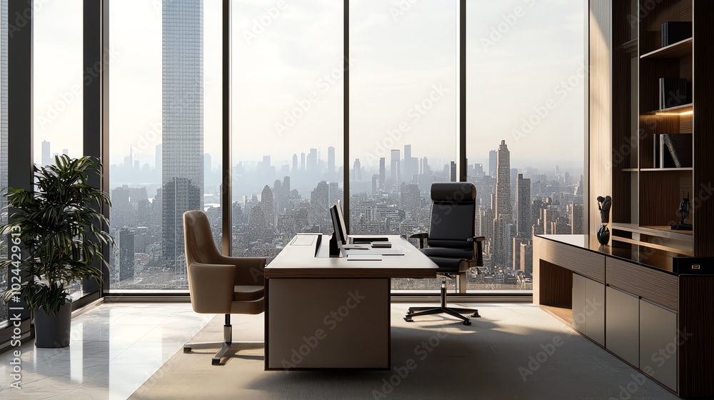 Poster a modern office with a large desk and two chairs in front of a window with a city view.