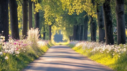 Naklejka premium A beautiful, winding road with trees lining each side.
