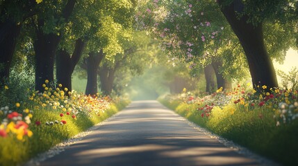 Obraz premium A picturesque country road lined with blooming flowers, leading through a verdant tunnel of trees.