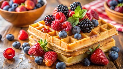 Low angle view of delicious waffles topped with assorted berries and honey