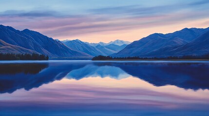 Fototapeta premium A still lake reflects a colorful sunset over a mountain range.