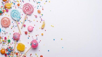 Colorful candies, lollipops and sprinkles on a white background with copy space.