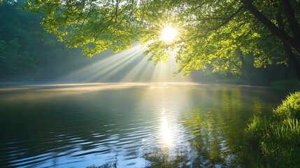 A serene lake reflecting the golden sunlight streaming through a canopy of trees.
