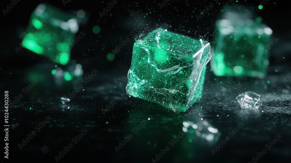 Poster data transactions in translucent cubes: futuristic digital network in dark space