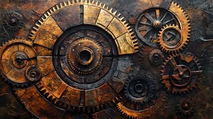 Abstract Close-up of a Gold and Rust-Colored Gear System