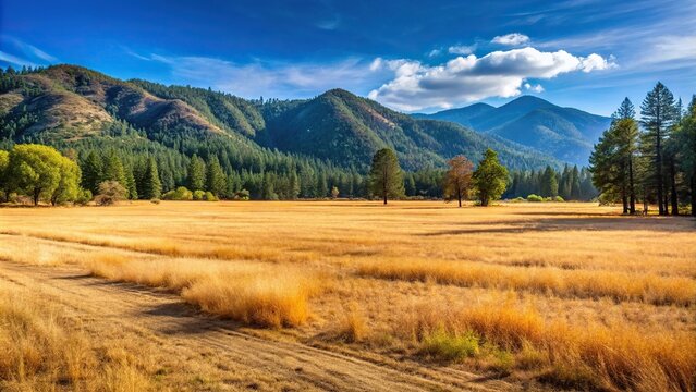 Low angle view of dry Upper Applegate Valley field in late summer or early autumn in Southern Oregon near Ruch