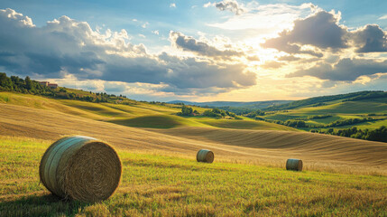 Expansive field with rolling hills and a few scattered hay bales under a bright sky