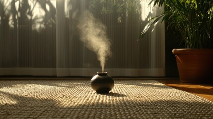 Tranquil Meditation Space with Soft Light, Sheer Curtains, and Aromatherapy Mist